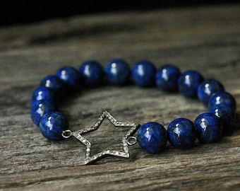 Diamant-Sterne Lapis Lazuli Armband / tiefen Indigo blau Gold natürliche Edelstein / Sterling Silber Galaxy Space Planet Sterne Nachthimmel inspiriert