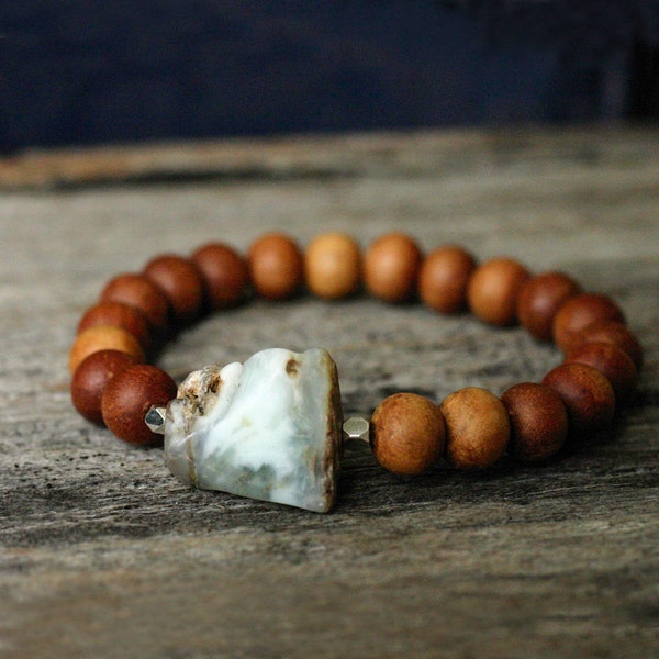 Sandalwood Raw Peruvian Opal Bracelet in Sterling Silver / Fragrant Natural Wood / Sea Blue Green Milky White Dark Grey / Tribal Beadwork