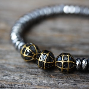 Black Diamond Gold Hematite Bracelet / Bohochic Stacking Bracelet AS SEEN in INSTYLE Bohemian Luxury Bracelet, Diamond Slice Silver Hematite