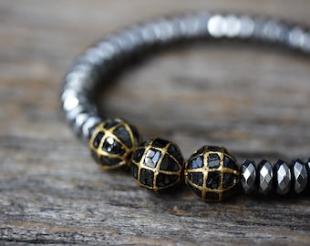 Black Diamond Gold Hematite Bracelet / Bohochic Stacking Bracelet AS SEEN in INSTYLE Bohemian Luxury Bracelet, Diamond Slice Silver Hematite