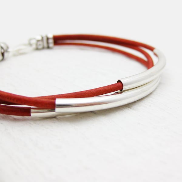 Red Leather Bangle Bracelet Solid Sterling Silver Tubes, Berry Deep Blood Crimson Valentine Red, Romantic Scarlet Bohemian Stacking Bracelet