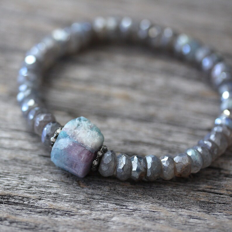 Raw Tourmaline Diamond Bracelet with Diamond Labradorite Beadwork, Pave in Sterling Beaded Bracelet, Storm Grey Purple, White, Blue, Pink image 3