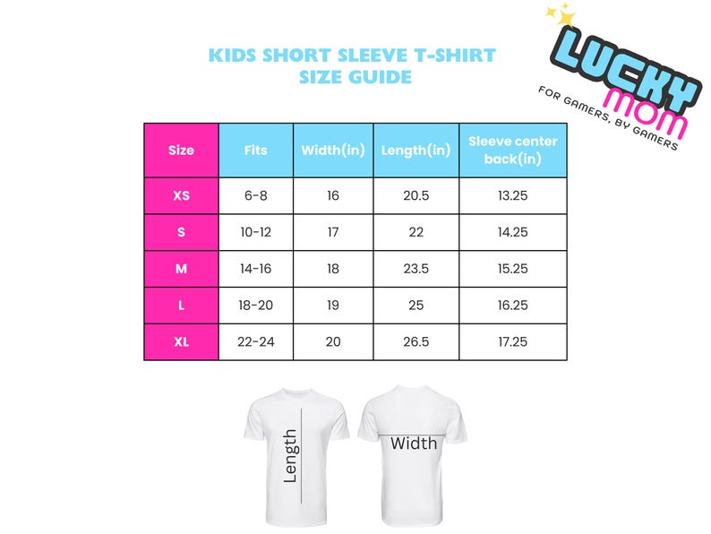 May include: A size guide for children's short-sleeved t-shirts. The guide shows sizes XS to XL, with measurements in inches for width, length, and sleeve center back. The Lucky Mom logo is in the upper right corner.