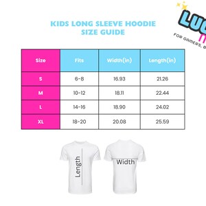 K&ouml;nnte beinhalten: Eine Gr&ouml;&szlig;entabelle f&uuml;r Kinder-Langarm-Hoodies. Der Leitfaden enth&auml;lt die Gr&ouml;&szlig;en S, M, L und XL mit den entsprechenden Passformen, Breiten in Zoll und L&auml;ngen in Zoll. Das Lucky Mom-Logo befindet sich oben rechts.
