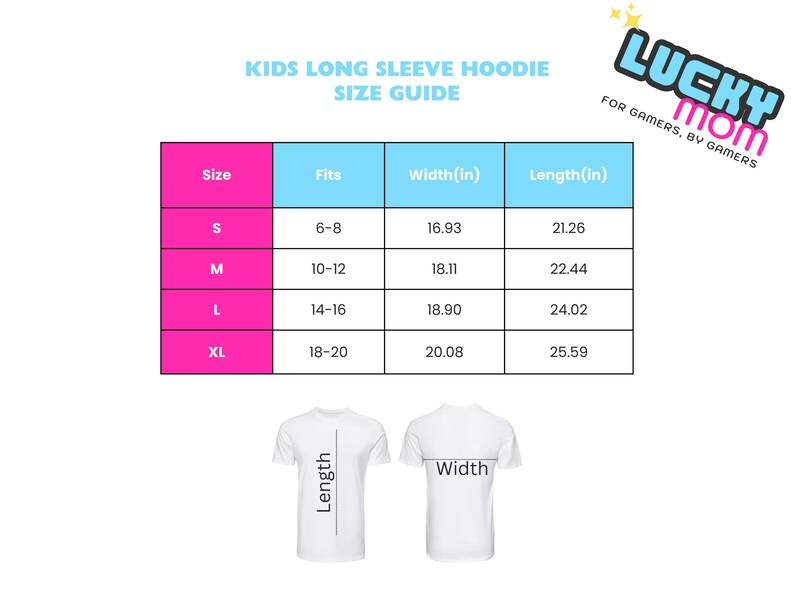 K&ouml;nnte beinhalten: Eine Gr&ouml;&szlig;entabelle f&uuml;r Kinder-Langarm-Hoodies. Der Leitfaden enth&auml;lt die Gr&ouml;&szlig;en S, M, L und XL mit den entsprechenden Passformen, Breiten in Zoll und L&auml;ngen in Zoll. Das Lucky Mom-Logo befindet sich oben rechts.