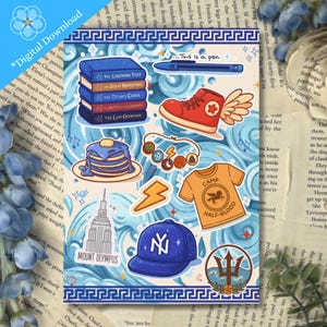 May include: A digital download sticker sheet featuring illustrations of books, a red high-top shoe with wings, pancakes, a Camp Half-Blood shirt, a New York baseball cap, and other themed graphics. The text "This is a pen" is also included.
