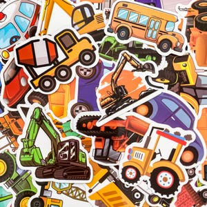 100Adesivos de veículos de aprendizagem aleatórios para crianças, adesivos de transporte educacional, caminhões e carros à prova d'água, adesivos de veículos de construção