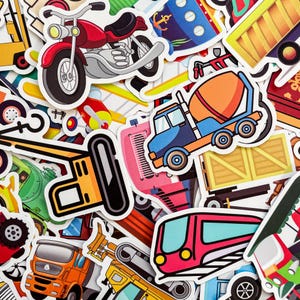 100 willekeurige voertuigstickers, stickers bouwvrachtwagen en auto, motorfietsstickers, transportstickers, waterdichte kinderstickers