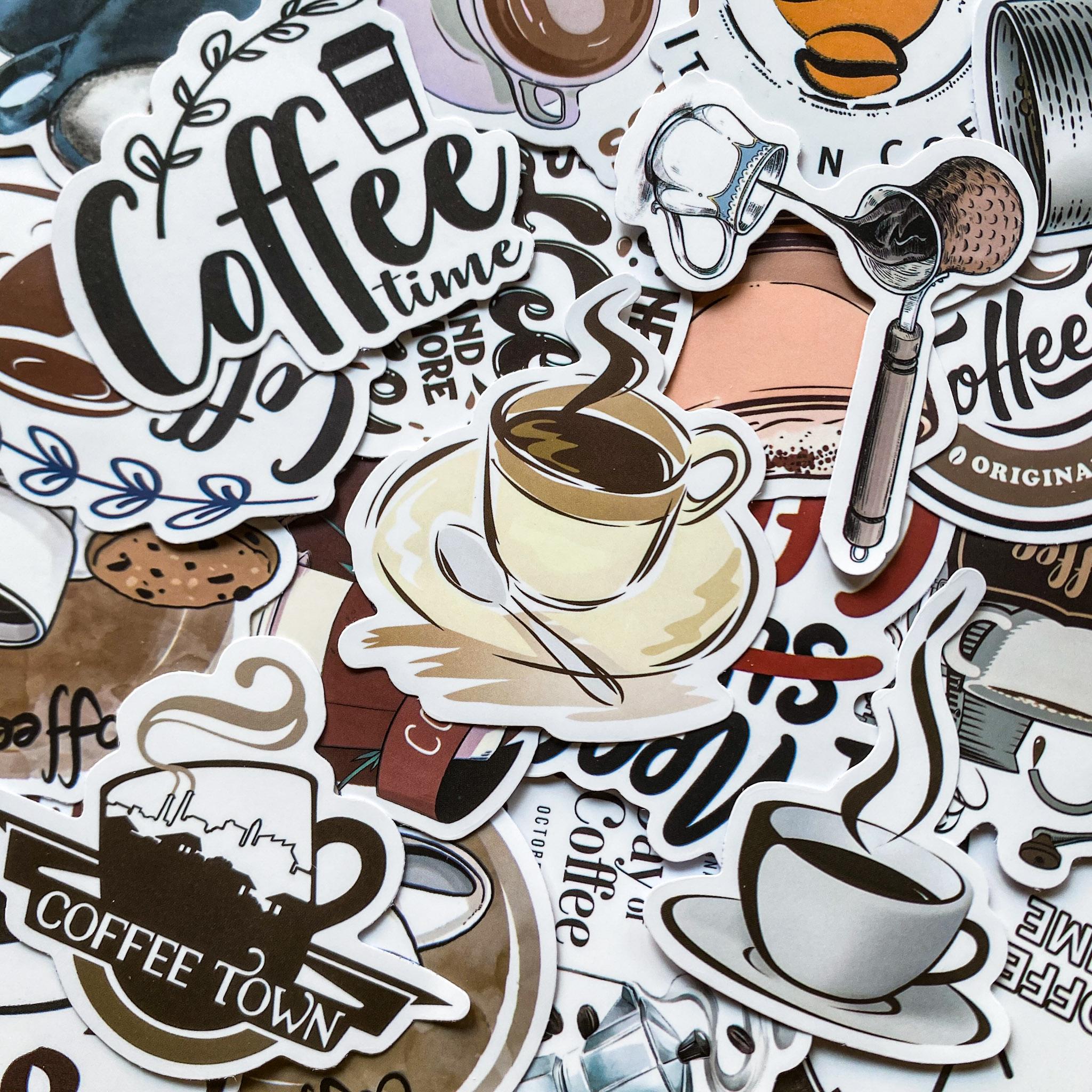 50 Adesivi Vinile Impermeabili A Tema Caffè - Per Laptop, Bottiglie, Notebook, Decorazione Carina