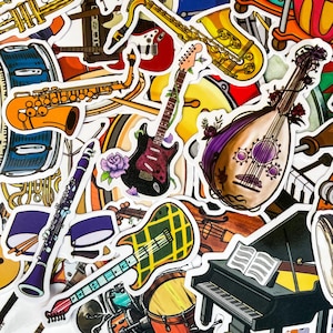 100 willekeurige stickers voor muziekinstrumenten, waterdichte gitaarstickers, retro drumstickers, leuke stickers voor laptop, bidon, plakboek
