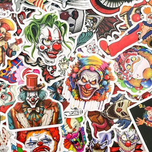 100 adesivos de palhaço assustador aleatórios, pacote de adesivos de terror, decalques de vinil, adesivos de arte gótica, adesivos à prova d'água para laptop e diário