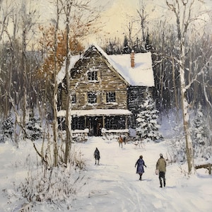 Arte stampata in legno coperta di neve pacifica, decorazione da parete per la casa invernale, opera d'arte invernale, opera d'arte di famiglia pacifica, stile dipinto a olio