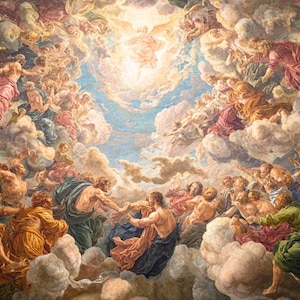 May include: A vibrant, classical painting depicting a celestial scene with numerous figures amidst clouds and light. The artwork features a warm color palette with hues of gold, red, and blue, creating a dramatic and ethereal atmosphere.