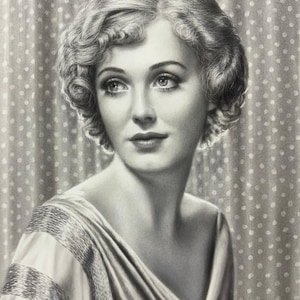 Retrato vintage de Gloria Stuart, Titanic Old Rose, retrato de celebridade glamourosa de Hollywood dos anos 1930, esboço a lápis clássico de estrela de cinema em preto e branco