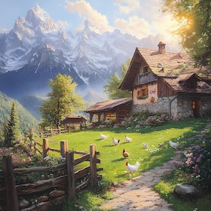 Stampa artistica di casa in pietra affascinante, paesaggio tranquillo, stile dipinto a olio, decorazione da parete con cielo blu, decorazione per soggiorno con fattoria di polli