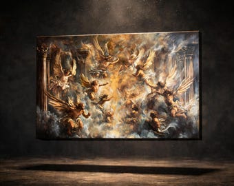 Celestial Angels Print Art, Baroque Religious Wall Art, Rubens Style Canvas Artwork, Gold Leaf Accent Angelic Decor, Christian Artwork