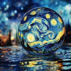 Quadro su tela con gocce d'acqua in una notte stellata surreale, opera d'arte murale ispirata a Van Gogh, dipinto di paesaggio blu-giallo luminoso