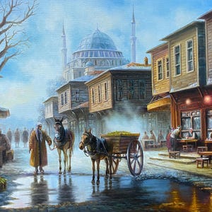 Original Vintage Istanbul Oil Painting on Canvas, Ottoman Empire Bazaar Market Street Scene, Oriental Rustic Winter Home Office Wall Decor