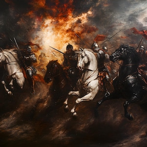 Stampa su tela raffigurante una battaglia epica tra cavalieri medievali, un'opera d'arte murale con scena di guerriero barocco, un dipinto storico in stile Rubens, un'opera d'arte medievale originale.