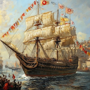 Ottoman Warship Canvas Print, Historical Turkish Ship Sailing Past Galata Tower, 17th Century Istanbul Seascape Wall Art for History Lovers
