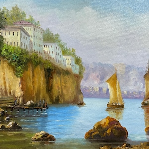 Original Positano Amalfiküste Gemälde auf Leinwand, traditionelle italienische Hafen mediterrane Szene, italienische Manor Pier Ansicht
