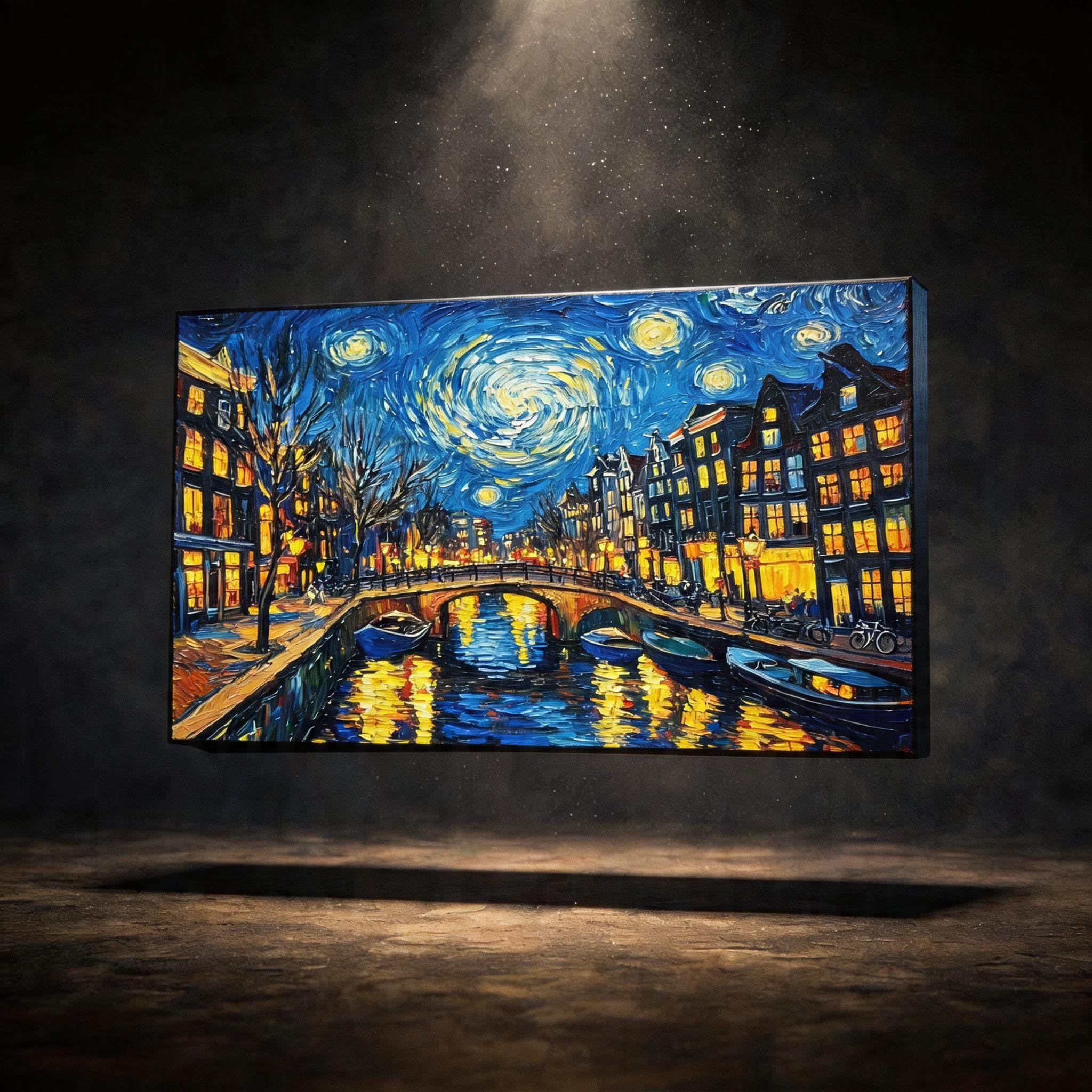Amsterdam Canal Night Scene Painting, Vincent Van Gogh Style