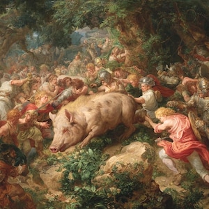 Baroque Calydonian Boar Hunt Painting, Greek Roman Mythology Battle Canvas Artwork, Dramatic Renaissance Wall Art for Luxury Home Decor