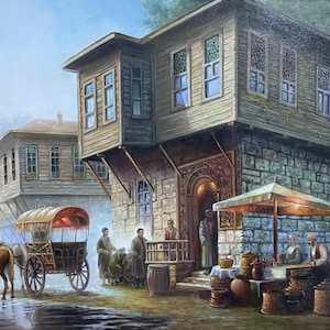 Vintage 1800s Istanbul Oil Painting, Ottoman Era Street Scene, Historical Middle East Cityscape, Original Handmade Wall Art for Home Office