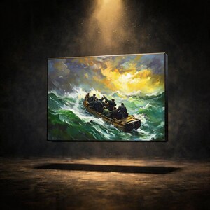 May include: A framed painting shows a boat with figures battling rough, green ocean waves beneath a dramatic sky. The artwork uses greens, yellows, and blues, conveying struggle and resilience. The painting is displayed against a dark background, with a spotlight above.
