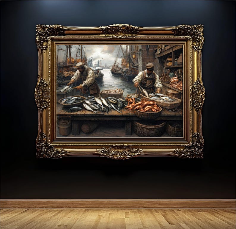 Fish.it Potrait Baroque Style Seafood Fish Market Painting, Vintage Harbor Bazaar Scene ...