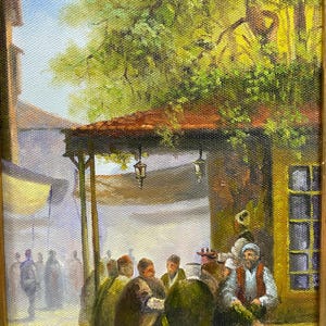 Vintage Turkish Tea Coffee House Oil Painting on Canvas, Original Ottoman People Scene on Bazaar Market Street, Rustic Cultural Landscape