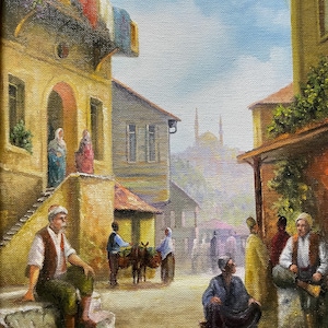 Dipinto su tela d&#39;epoca di Istanbul del XIX secolo, scena di strada quotidiana turca storica, vista dell&#39;architettura dell&#39;epoca ottomana, paesaggio urbano orientale