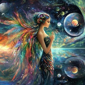 Quadro su tela raffigurante una donna con piume galattiche, decorazione da parete surreale con spirito boho, dipinto fantasy con oceano celeste per sognatori, regalo o sala di meditazione