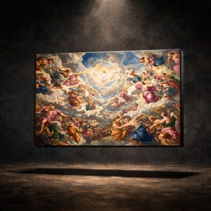 Könnte beinhalten: Ein großer, rechteckiger Leinwanddruck, der eine religiöse Szene im Renaissance-Stil darstellt. Das Kunstwerk zeigt zahlreiche Figuren inmitten wirbelnder Wolken, mit einer zentralen, strahlenden Lichtquelle. Die Farbpalette umfasst Blau-, Rosa-, Gold- und Weißtöne.