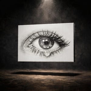 Puede incluir: Una impresión en lienzo en escala de grises de un ojo detallado, con largas pestañas y una sola lágrima. La obra de arte es un dibujo a lápiz realista, que muestra los intrincados detalles del iris y la piel circundante.