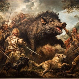 May include: A painting depicting a group of hunters confronting a large, brown boar in a wooded area. The boar is charging towards the hunters, who are armed with swords and spears. The scene is filled with action and drama, with the hunters' faces contorted in fear and determination.