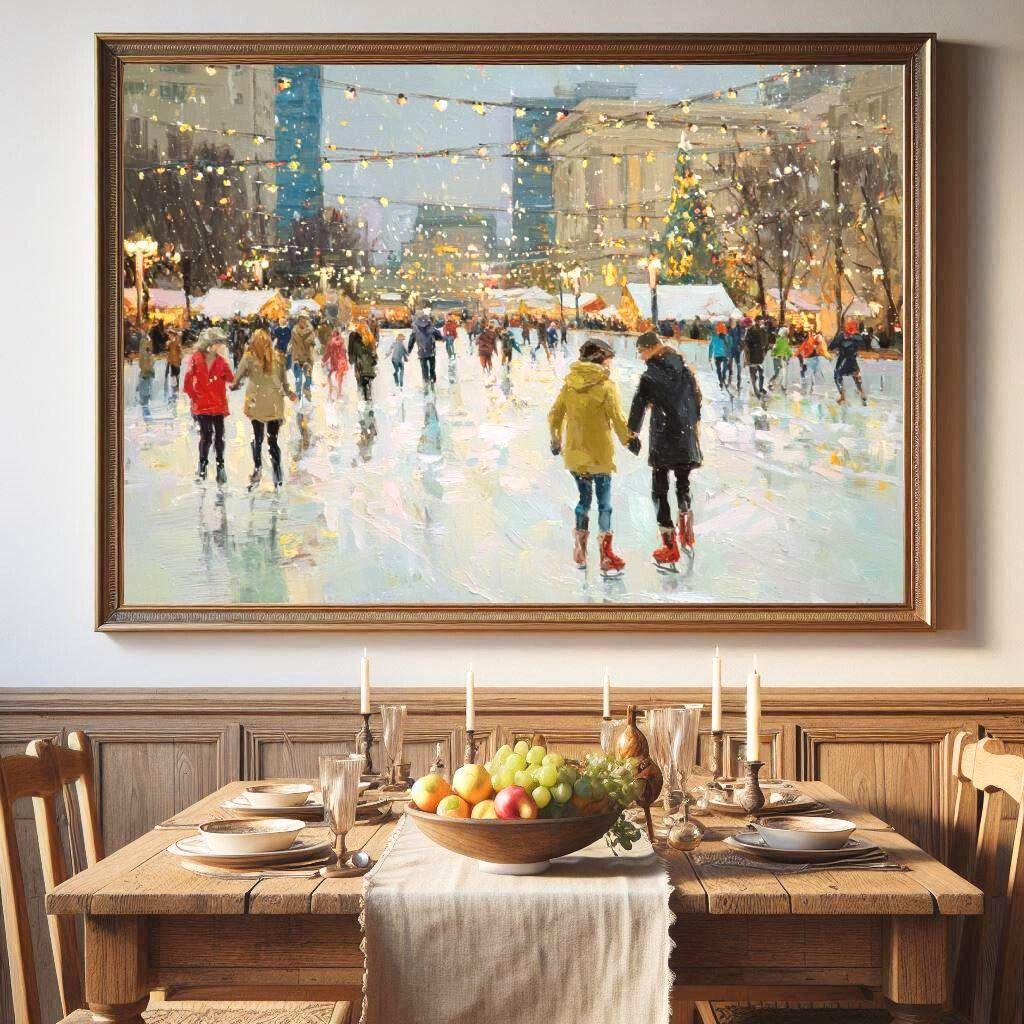 Tableau Toile Déco – Scène Festive De Patinage Dans Un Parc Illuminé – Neuf