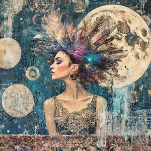 Quadro astratto raffigurante la Dea della Luna, dipinto su tela cosmico con capelli di piume Boho, ritratto di donna mistica per spazio di meditazione o regalo spirituale.
