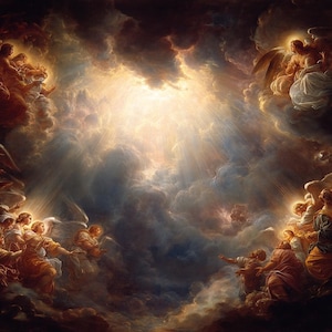 May include: A classical painting depicting a celestial scene with numerous angels amidst swirling clouds. The artwork features warm, golden light emanating from the center, illuminating the figures and creating a dramatic effect. The angels are rendered in soft, flowing robes.