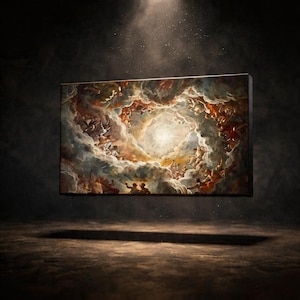 May include: A rectangular framed painting depicting a celestial scene with figures amidst swirling clouds. The artwork features a central bright light source, surrounded by a ring of figures and clouds in shades of white, gold, and brown. The painting is displayed against a dark background.