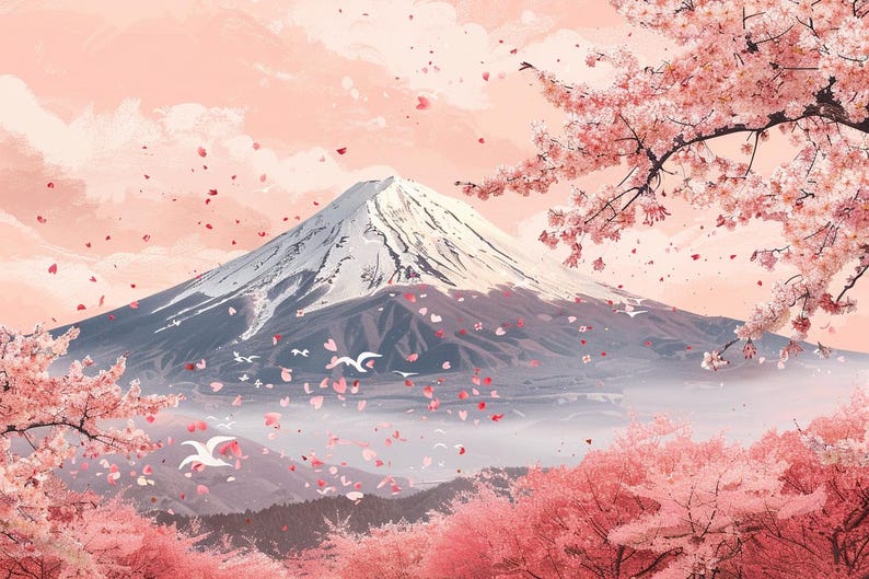 Mount Fuji Cherry Blossom Canvas Wall Art Japanese Spring Landscape ...