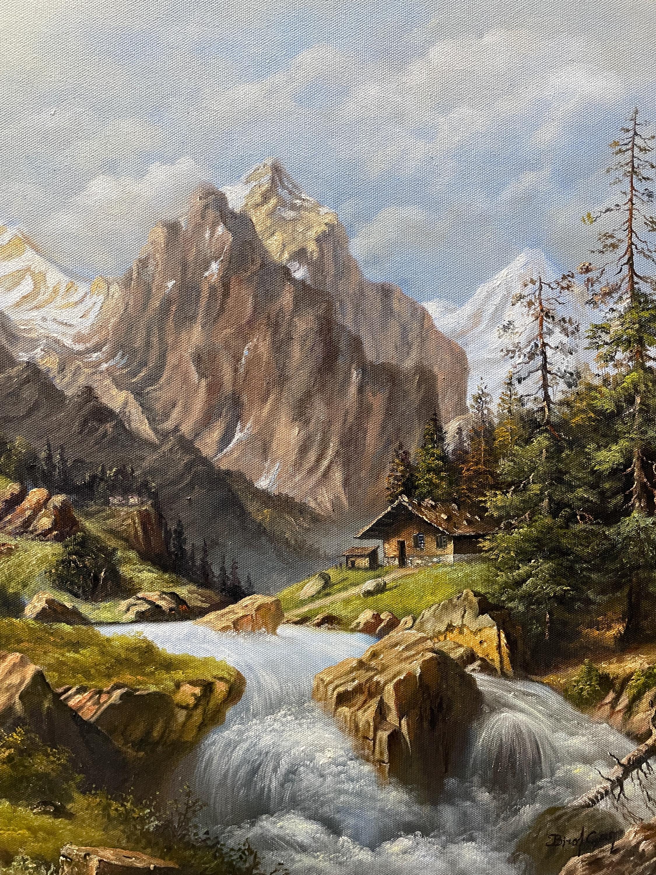 Original Swiss Alps Autumn Landscape Painting on Canvas, Rustic
