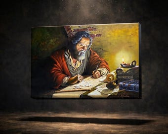 Cuadro antiguo de un erudito escribiendo a la luz de las velas, escena de un filósofo de la época medieval, decoración histórica para la pared de una sala de estudio, decoración de biblioteca antigua.