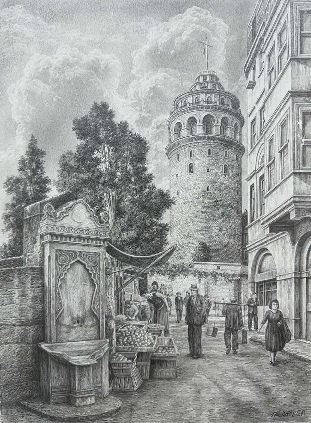Historical Istanbul Galata Tower Charcoal Drawing,  Print of an Original Painting, Vintage Turkey Market Street Scene, Turkey Pencil Sketch