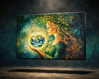 Earth Goddess Wall Art, Nature Spirit Holding Planet Earth Canvas Print, Gaia Divine Feminine Boho Eco Spiritual Painting