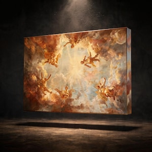 May include: A rectangular canvas print featuring a classical painting of cherubs in a cloudy sky. The artwork uses warm tones of gold, orange, and brown, with a bright light source in the center. The print appears to be floating.