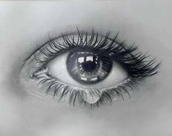 Pencil Drawing of Hyper Realistic Eye, Detailed Charcoal Pencil Sketch, Black and White Art, Emotional Human Eye Artwork, Modern Wall Decor
