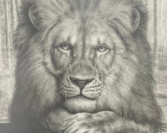 Black White Lion Portrait, Realistic Animal  Pencil Sketch Drawing, Handmade Wildlife Art, Charcoal Safari Wall Decor, Gift for Lion Lover