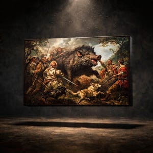 Baroque Style Wild Boar Hunting Scene Painting, Rustic Renaissance Wall Art, Classical 17th Century Flemish Masterpiece Inspired Artwork