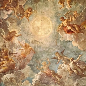 May include: A Renaissance-style ceiling painting featuring cherubs and figures amidst clouds, bathed in warm light. The artwork depicts classical figures, with a central sun-like element. The color palette includes warm tones of gold, beige, and blue.